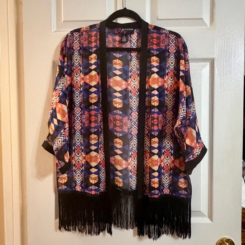 Peck & Peck Sheer Aztec Fringe Kimono Cardigan Geometric – Size Large